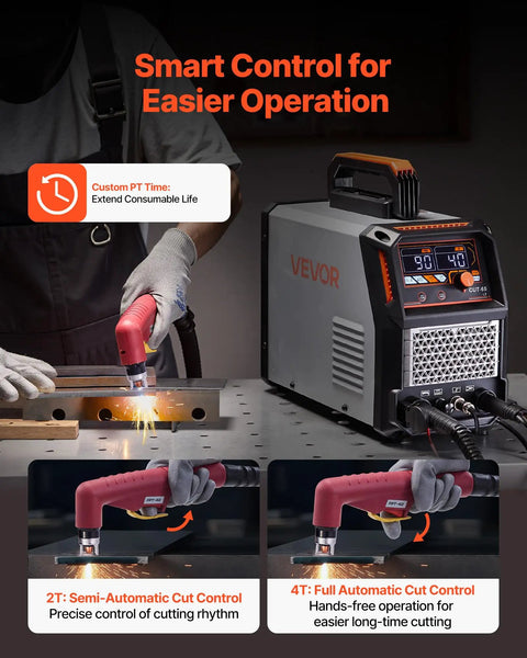 Person using 65A Plasma Cutter With Non Touch Pilot Arc, 2T 4T Modes, digital display, for steel cutting in workshop setting.