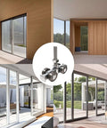 Silent 4-Wheel Unistrut Trolley Assembly for strut channel systems in silver finish, shown installed on glass sliding doors.