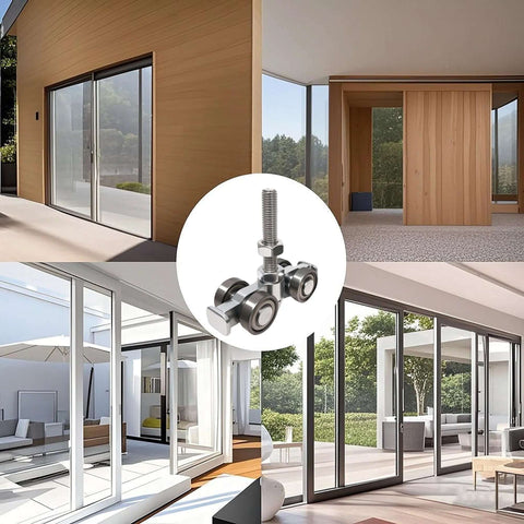 Silent 4-Wheel Unistrut Trolley Assembly for strut channel systems in silver finish, shown installed on glass sliding doors.
