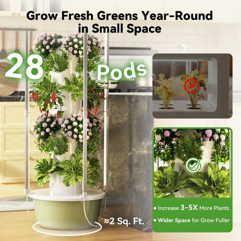 Indoor Vertical Hydroponics Growing Tower With 7 Layer 28 Pod System And Foldable LED Light For Vegetables Herbs And Fruits