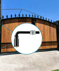 Skelang J-bolt gate hinge; front view with inset close-up of black metal hardware, 1/2-inch bolt, heavy-duty pair