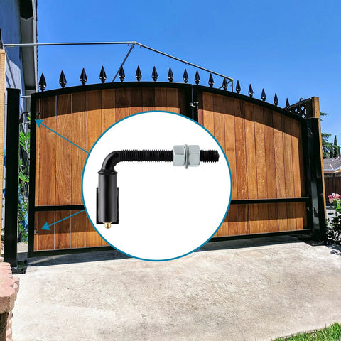 Skelang J-bolt gate hinge; front view with inset close-up of black metal hardware, 1/2-inch bolt, heavy-duty pair