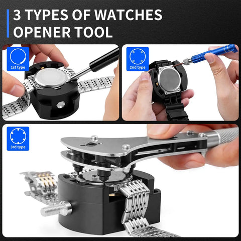 3 types of watches opener tool from Pro Grade All In One 210 Piece Watch Repair Kit With Battery Change Kit Case Opener Link Remover