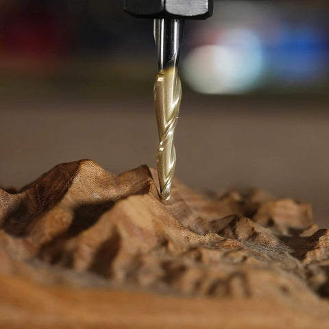 Tapered Ball Nose End Mill One Quarter Inch Shank With One Sixteenth Inch Radius For 3D Carving Engraving Router Bit ZrN Two Flute Carbide Cutter For CNC Routers High Precision Tool For Fine Detailing And Deep Carving That Delivers Smooth Finishes