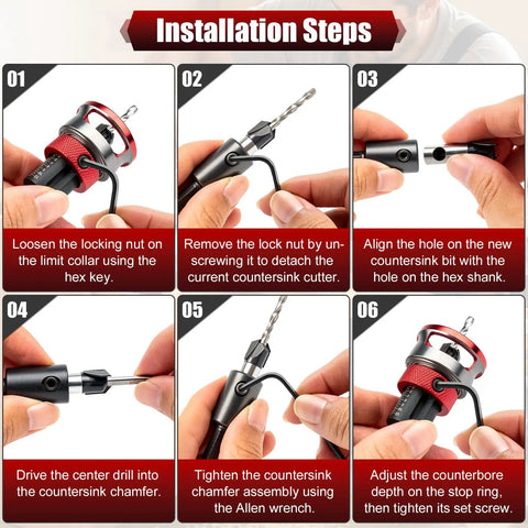 Top Shelf Nine Piece Countersink Drill Bit Set With Five Killer HSS Sizes And Adjustable Depth Stop Collar Plus Wrench installation steps showing adjustment process.