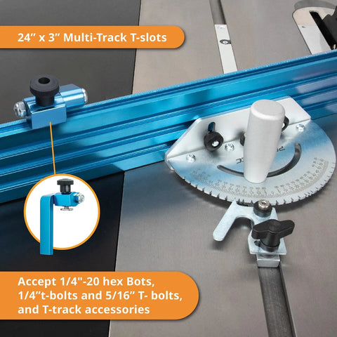 Killer Table Saw Miter Gauge System Featuring Twenty Seven Angle Stops And Beefy T Slotted Miter Bar With Removable Plate Plus Twenty Four Inch Multi Track Fence Jig Kit For Building, 24x3 inch T-slots detail.