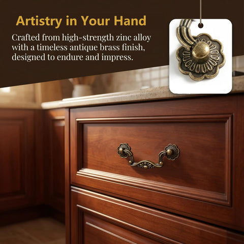 Close-up of Vintage Brass Drop Bail Pulls Six Pack for Cabinets and Dressers, 3 Inch Hole Centers Decorative Drawer Handles