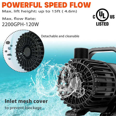 Heavy Flow Submersible Pond Pump For Fountains Ponds Aquariums Hydroponics And Outdoor Waterfalls 2200 GPH 120W UL Listed