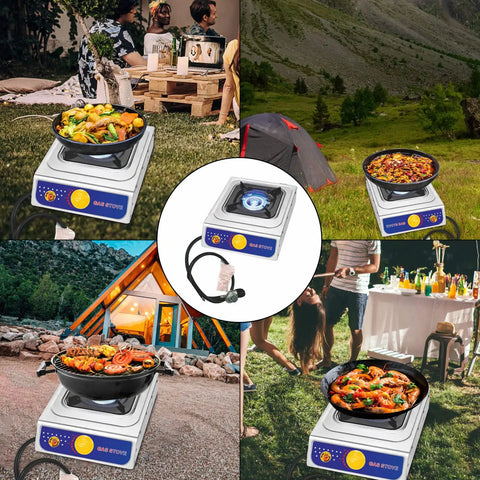 10,000 BTU Propane Stove With Regulator displayed in various outdoor settings for camping, BBQ, patio, and picnics