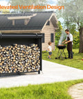 Adjustable Firewood Rack With Cover For Indoor And Outdoor Use next to family in garden, holding firewood, weatherproof Oxford fabric cover, large capacity, black.
