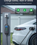 No Sweat Setup Level 1 And 2 EV Charger With Holder charging a white vehicle in the rain, showcasing waterproof design.