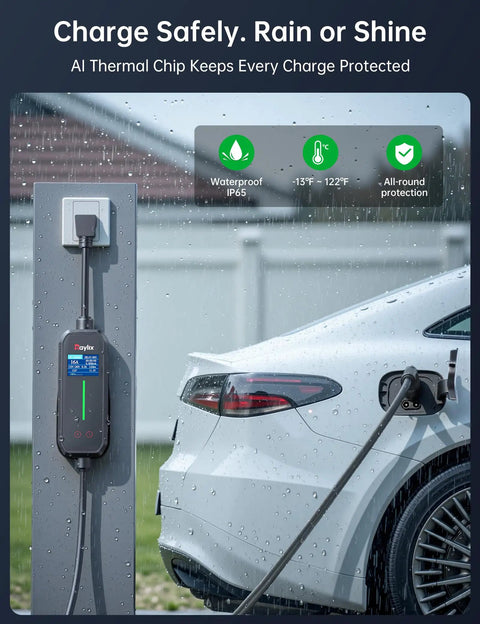 No Sweat Setup Level 1 And 2 EV Charger With Holder charging a white vehicle in the rain, showcasing waterproof design.