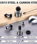 Two Pack CF12-1 KR32 Needle Roller Bearing Set displayed on a wooden surface next to tools, showcasing GCr15 steel and carbon steel construction.
