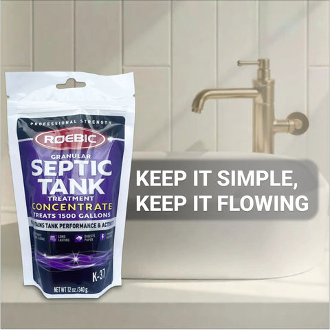 K-37-BAG Granular Septic Tank Treatment Concentrate with sink in background, 12 oz package for odor and sludge control.