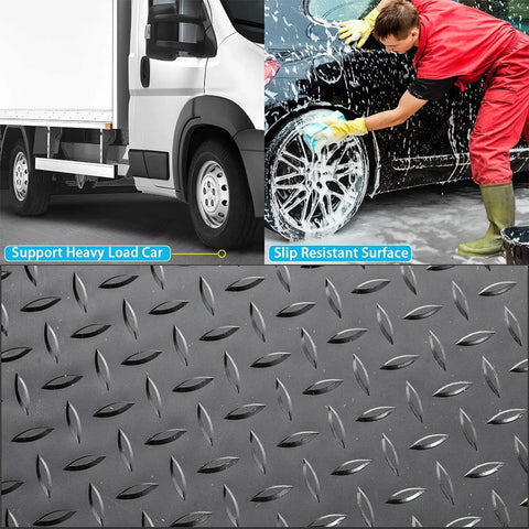 Heavy Duty 3.3 By 16 Ft Diamond Plate PVC Garage Floor Mat, 0.12 Inch Thick, Oil and Grease Resistant pad under truck and worker