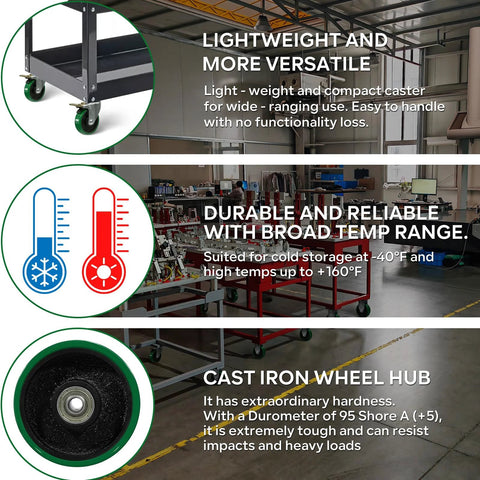 ASOMWLS 4'' caster wheels set of 4 for carts; polyurethane on cast iron, 2 brakes, 2 rigid, green wheels (front).