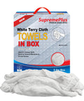 Premium White Terry Cloth Rags For Spills And Cleanup In The Garage Shop And Home Go To Multipurpose Cleaning Towels in box with cloths visible