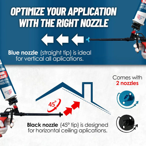 Illustration showing nozzle options on Spray Foam Insulation Kit With 18 Cans For Easy DIY Insulation Self Expanding Polyurethane Foam.