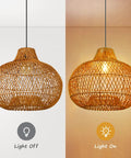 Boho Wicker Pendant Light For Kitchen Island And Dining Table, Round Rattan Ceiling Fixture, with light off and on display.