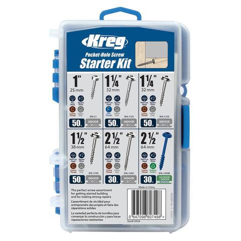 Pocket Hole Screw Starter Kit With 6 Common Blue Coated Wood Screws For All Pocket-Hole Jigs in plastic case, front view.