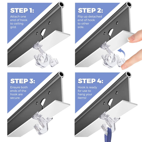 Four-step installation guide for Crystal Clear Hinged Polycarbonate Ceiling Hooks For Drop Ceiling T-Bars Pack Of 100 Holds Up To 15 Lbs