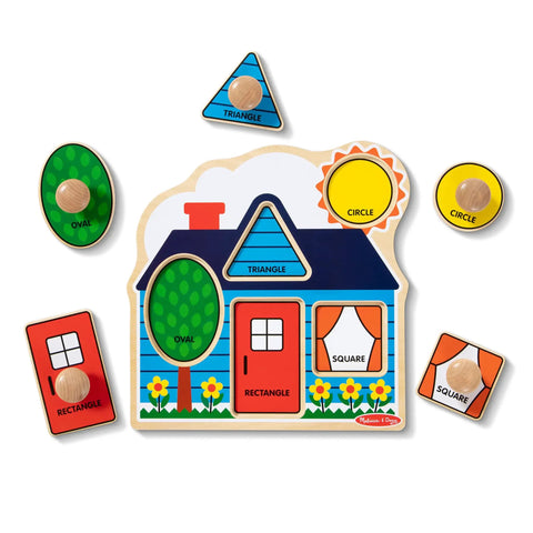 First Shapes Jumbo Knob Puzzle For Toddlers With Wooden Peg Pieces showing house with oval, triangle, circle, rectangle shape pieces.