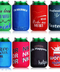 Snag This Awesome Bulk Set Of Eight Different Funny Quote Insulated Neoprene Can Coolers That Collapse For Easy Storage Great For Keeping Your Soda And Beer Cans Cold At BBQs Parties And More, featuring various humorous sayings on colorful sleeves.