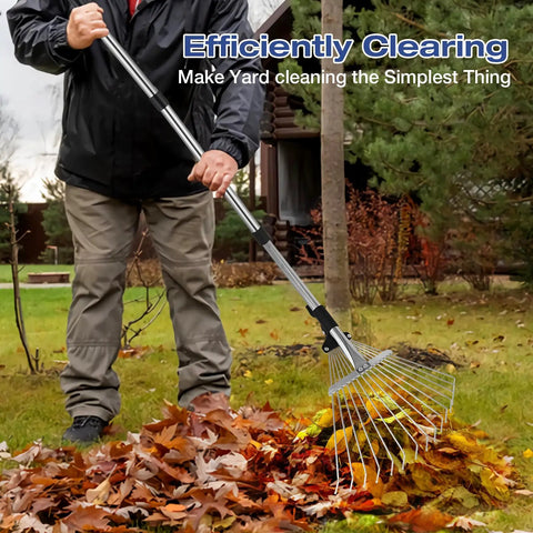 Person raking leaves with an Adjustable Metal Leaf Rake With Telescoping Handle For Lawn And Garden Cleanup Lightweight Yet Heavy Duty Yard Rake For Grass Leaves And Shrubs Reaches From 17.7 To 83.5 Inches And Is Great For Adults Women And Kids.
