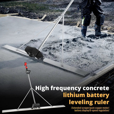 Pro Grade Cordless Concrete Screed Vibrator With 59 Inch Stainless Steel Straight Edge Board in use on a wet concrete slab.