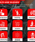 Various applications of Badass Industrial Two Ply Nitrile Gloves, 8.5 Mil Thick For rip and chemical resistance in work environments.