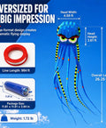 26Ft Sky Octopus Kite Mega Giant 3D Parafoil for Adults and Kids Blue With 1000D String showcasing dimensions and design details