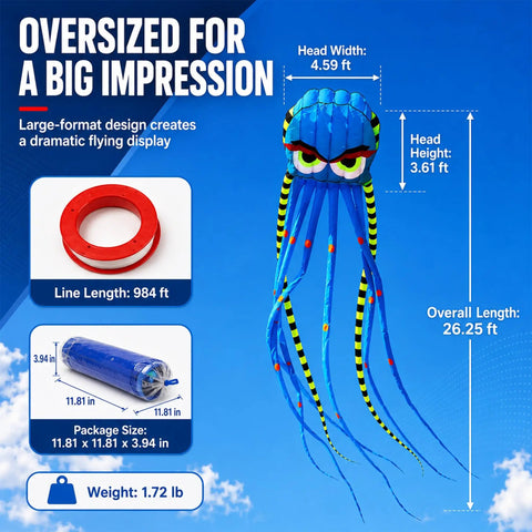 26Ft Sky Octopus Kite Mega Giant 3D Parafoil for Adults and Kids Blue With 1000D String showcasing dimensions and design details
