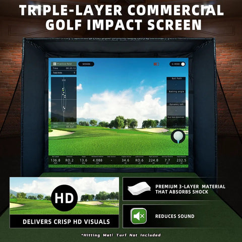Indoor Golf Simulator Enclosure Kit With Premium HD Impact Screen showing a golf course, 10 x 8 ft net cage, and graphics.
