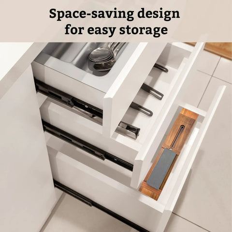 Sink Mounted Whetstone Holder For Easy Knife Sharpening No Mess Over The Sink, Warm Acacia Wood Design stored in kitchen drawer