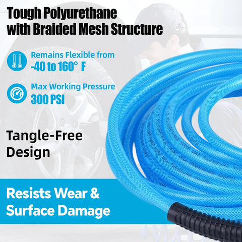 Heavy Duty 25Ft 1/4 Inch Polyurethane Air Hose With Braided Reinforcement, Flexible Pneumatic Hose, 300 PSI