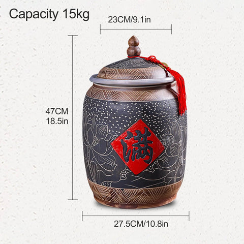 Premium Ceramic Rice Storage Container With Wooden Base Airtight Kitchen Canister For Flour And Grains Artful Chinese Design food dispenser 15kg capacity