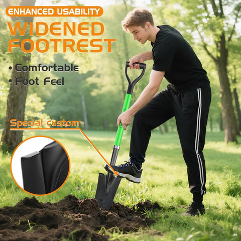 Person using Spade Shovel For Transplanting And Digging In Tight Spaces 45 Inch Steel D Grip Spade With Fiberglass Handle in garden