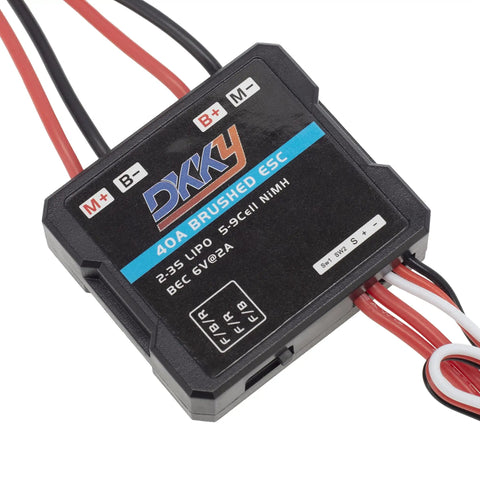 Brushed RC ESC 40A Speed Controller showing connectors for 1/16 1/18 1/24 RC Crawlers, supports 2-3S LiPo, 4-9 NiMH