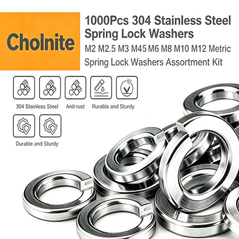 Spring Lock Washers Assortment Kit For DIY And Construction, 480 Pieces, 9 SAE Sizes M2 To M12, 304 Stainless Steel Split Lock Washers For Screws And Bolts, Built Tough And Rust Resistant, Ready For Any Repair Job.