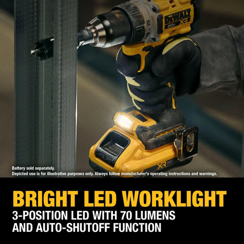 20V Max XR Brushless Cordless One Half Inch Drill Driver Tool Only With Anti Rotation System shown drilling metal with LED worklight