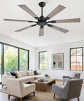 60 Inch Ceiling Fan No Light With Remote Black Modern Design Quiet DC Motor 6 Speeds 7 Blades Installed in Living Room