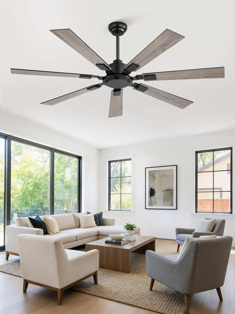 60 Inch Ceiling Fan No Light With Remote Black Modern Design Quiet DC Motor 6 Speeds 7 Blades Installed in Living Room