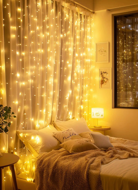 300 LED Curtain String Lights 9.8 Ft By 9.8 Ft Warm White USB Powered With 8 Modes And Remote for Bedroom Decor