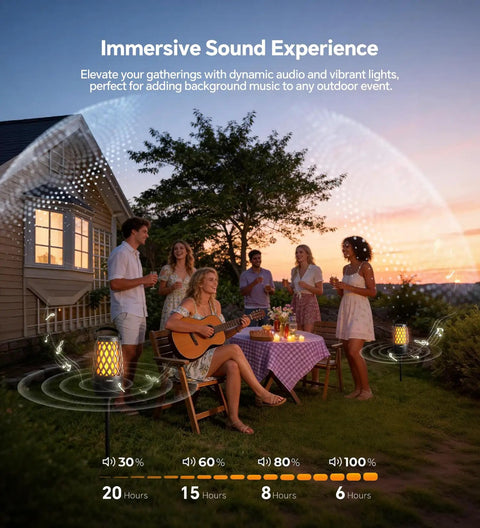 Group outdoors enjoying Multi Sync Bluetooth Lantern Speaker With Lights And 360 Degree Stereo Sound Auto Pairing For Up To 100 Speakers