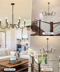 6 Light Wood Chandelier For Dining Room Black Farmhouse Style Modern Light Fixtures Over Table Cool Cozy Rustic Candle Ceiling Chandelier For Living Room Bedroom Entryway Kitchen 32.5 Inch Diameter showcased in living room, stairway, entryway settings.