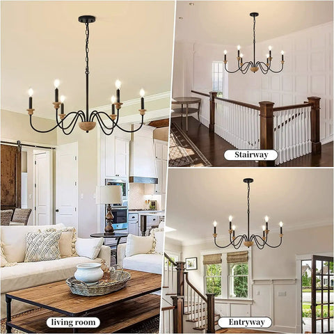 6 Light Wood Chandelier For Dining Room Black Farmhouse Style Modern Light Fixtures Over Table Cool Cozy Rustic Candle Ceiling Chandelier For Living Room Bedroom Entryway Kitchen 32.5 Inch Diameter showcased in living room, stairway, entryway settings.