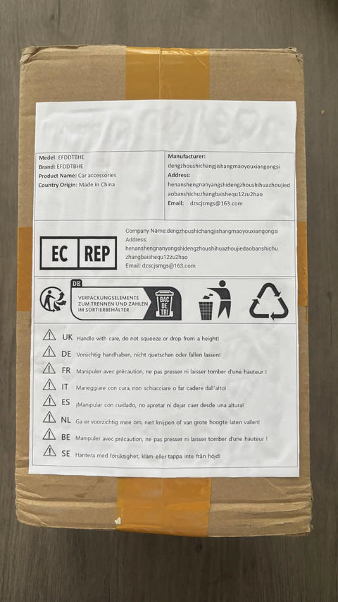 Box labeled EFDDTBHE with product details, warning instructions, and shipping information for car accessories.