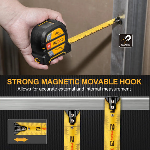 2-In-1 Laser Tape Measure With 135 Ft Range, Rechargeable Distance Tool And 16 Ft Manual Tape, High-Precision Readings Within 1/8 Inch, Six Modes Including Distance, Continuous, Area, Volume, And Two-Point Pythagorean Method., hand-held laser tape measure with magnetic hook measuring metal surface and tape extension