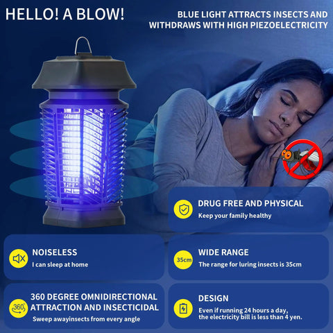 Outdoor Bug Zapper Mosquito Killer For Home Backyard Patio 90 130V Electric Fly Trap in room, showing blue light and design features.