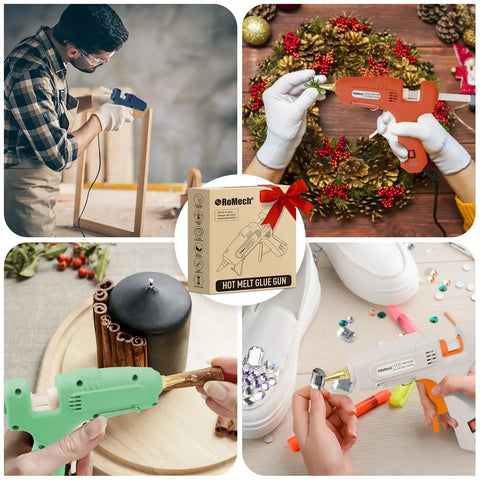 Collage of Dual Power Hot Glue Guns used for crafting, DIY, home repair, includes 60W/100W settings, bright orange color